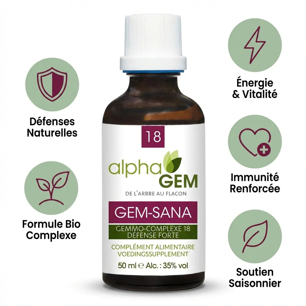 Gem-Sana 18 Bio 50ml Alphagem flacon avec bénéfices santé naturels et immunité renforcée