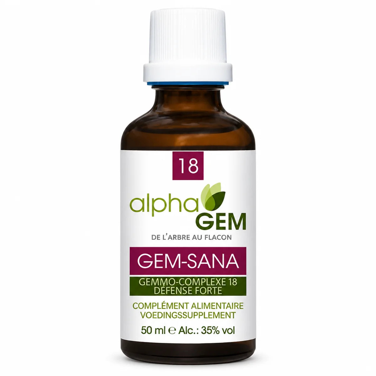 Flacon compte-gouttes Gem-Sana 18 Bio 50 ml alphaGEM sur fond blanc, verre ambre et capuchon blanc