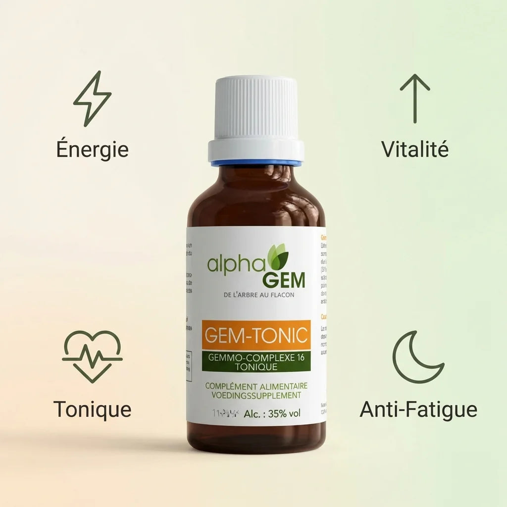 Gem-Tonic 16 Bio 15ml - Flacon avec icônes énergie, vitalité, tonique et anti-fatigue