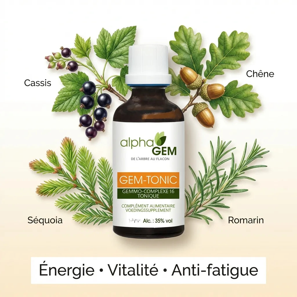 Gem-Tonic 16 Bio Alphagem avec ingrédients botaniques cassis, chêne, séquoia et romarin pour énergie et vitalité