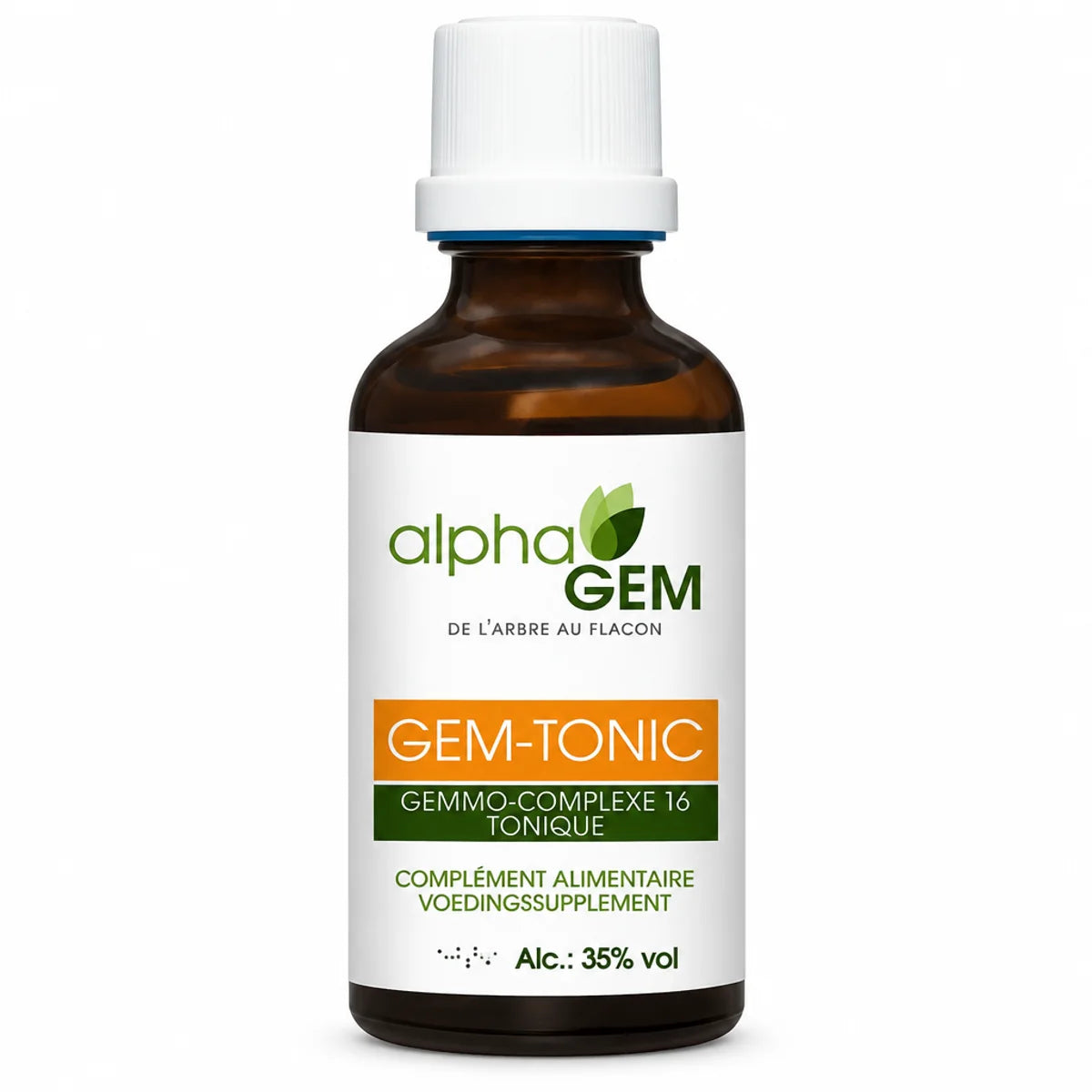 Flacon compte-gouttes ambré Gem-Tonic 16 Bio Alphagem 15 ml, complément alimentaire aux gemmothérapies, sur fond blanc