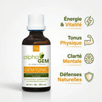 Gem-Tonic 16 Bio 50ml Alphagem avec infographie bénéfices : énergie, tonus, clarté mentale, défenses