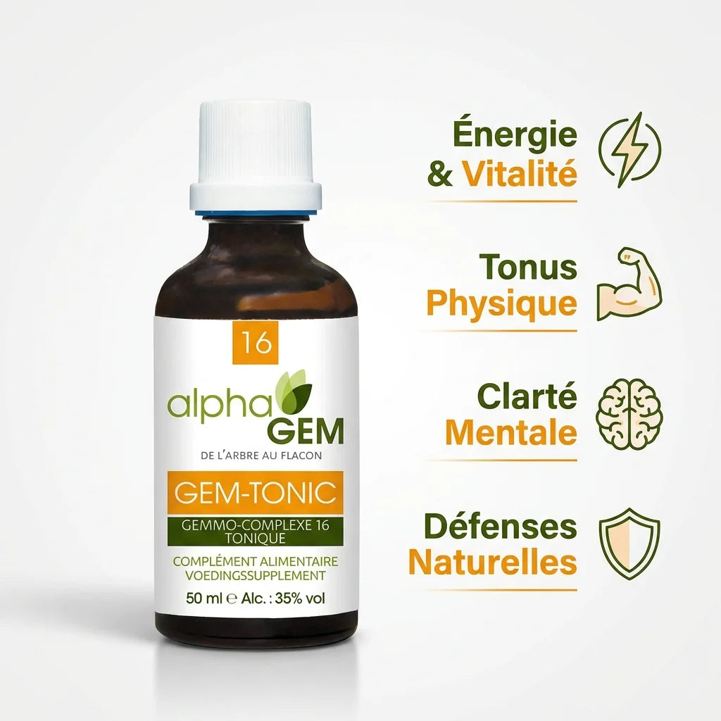 Gem-Tonic 16 Bio 50ml Alphagem avec infographie bénéfices : énergie, tonus, clarté mentale, défenses