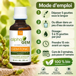 Flacon Gem-Tonic 16 Bio alphaGEM 50 ml avec mode d'emploi : 5 gouttes sous la langue, dosage et cure de 3 semaines