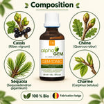 Flacon Gem-Tonic 16 Bio 50 ml Alphagem entouré de bourgeons de cassis, chêne, séquoia et charme sur fond crème