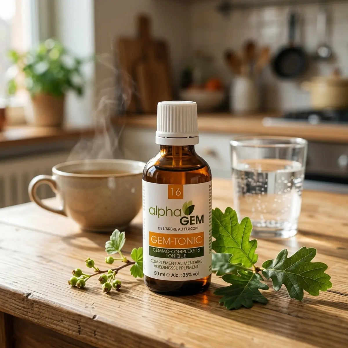 Flacon compte-gouttes ambré Gem-Tonic 16 Bio Alphagem 50 ml sur une table en bois, avec tisane, eau et bourgeons de cassis