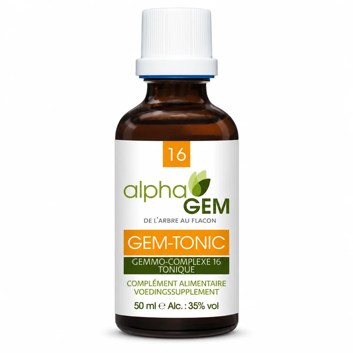 Flacon en verre ambré de Gem-Tonic 16 Bio Alphagem 50 ml, complément alimentaire tonique à base de gemmothérapie, sur fond blanc