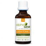 Flacon en verre ambré de Gem-Tonic 16 Bio Alphagem 50 ml, complément alimentaire tonique à base de gemmothérapie, sur fond blanc