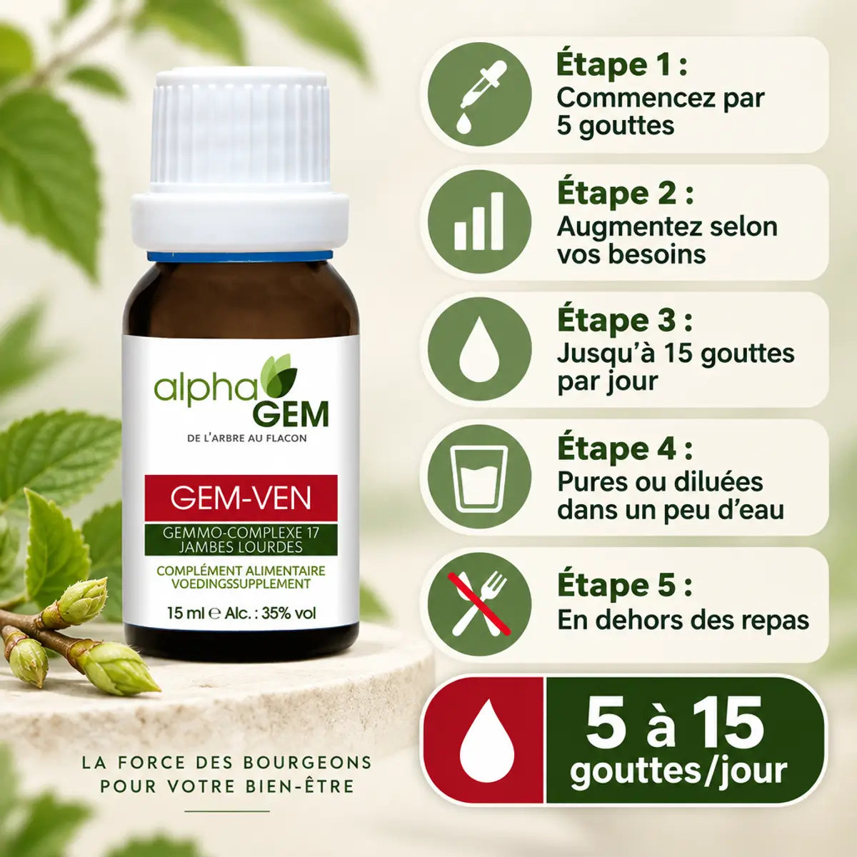 Flacon Gem-Ven 17 Bio Alphagem 15 ml avec guide de posologie : 5 à 15 gouttes par jour, en dehors des repas