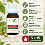 Flacon Gem-Ven 17 Bio Alphagem 15 ml avec guide de posologie : 5 à 15 gouttes par jour, en dehors des repas