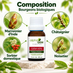 Flacon Gem-ven 17 Bio Alphagem 15 ml entouré de bourgeons de marronnier d'Inde, châtaignier, sorbier et noisetier biologiques