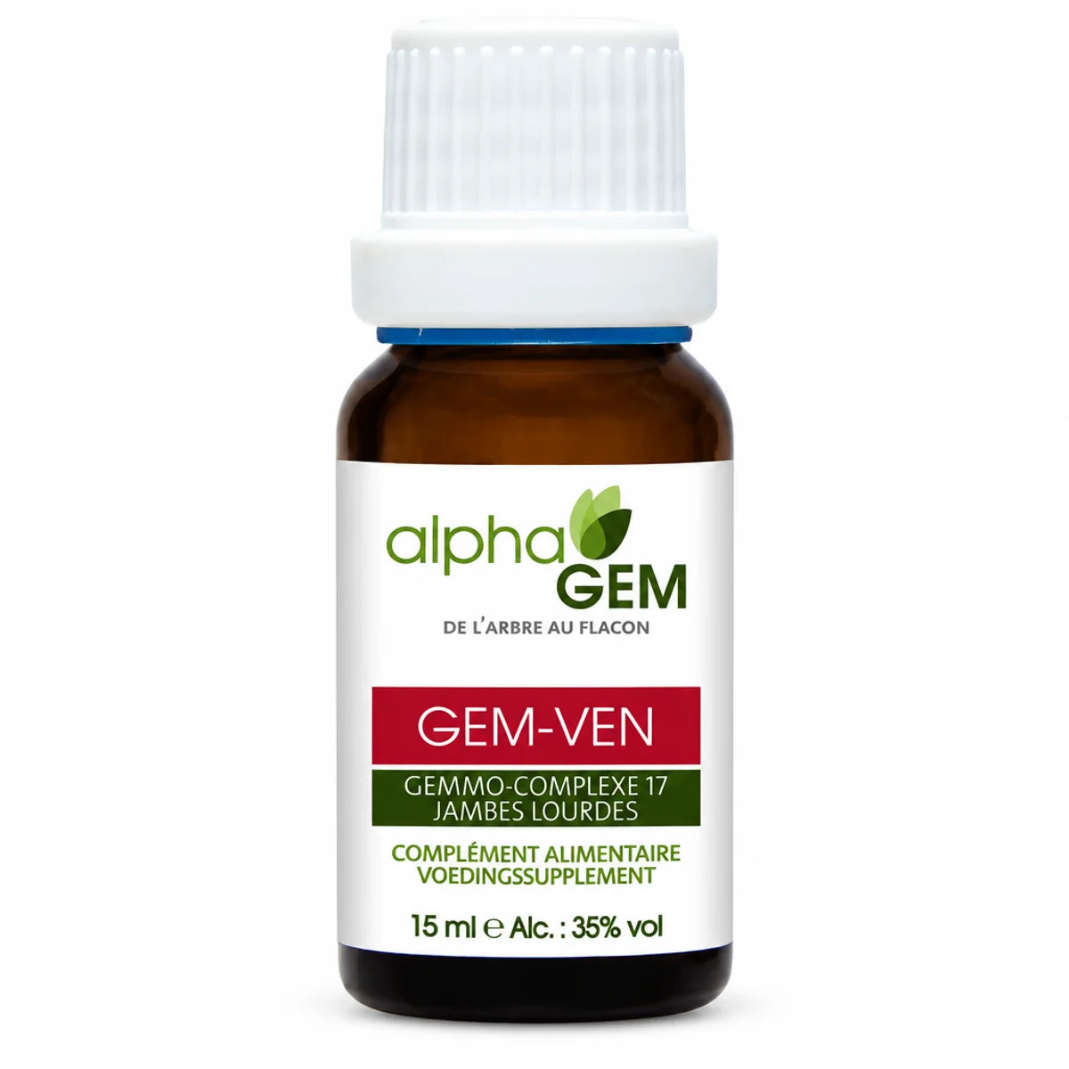 Flacon compte-gouttes ambré Gem-Ven 17 Bio 15 ml Alphagem, complément alimentaire jambes lourdes au gemmo-complexe, fond blanc