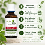 Flacon compte-gouttes Gem-Ven 17 Bio Alphagem 50 ml et infographie posologie : 5 à 15 gouttes par jour, cure de 21 jours