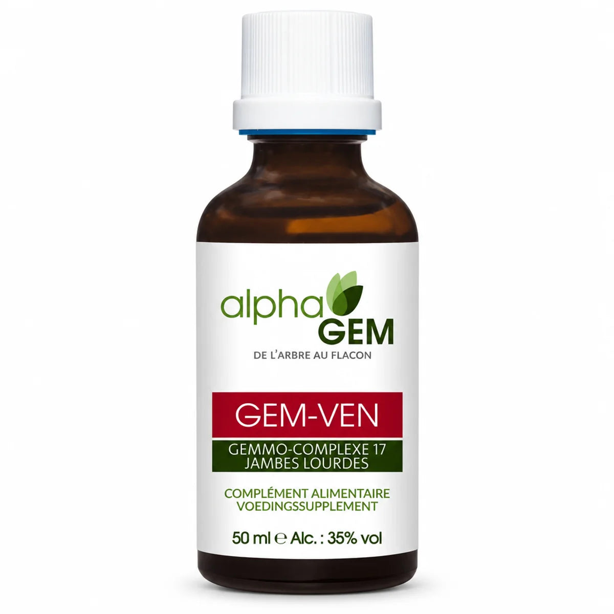 Flacon en verre ambré 50 ml Gem-ven 17 Bio d'Alphagem, bouchon blanc et étiquette verte et rouge