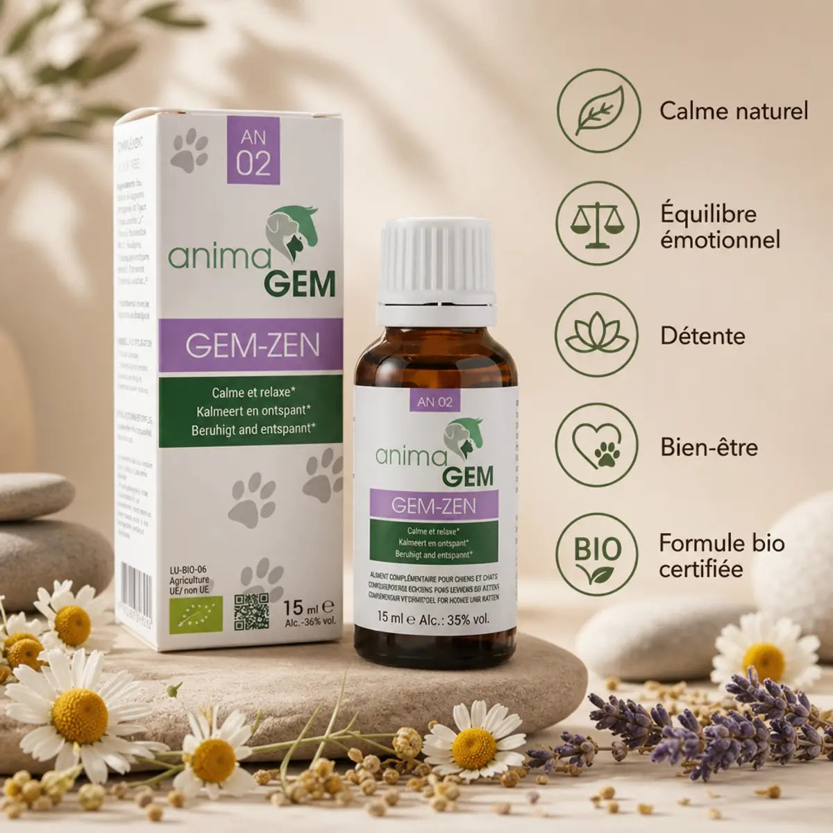 Gem-Zen 15ml AnimaGEM avec bénéfices : calme, équilibre émotionnel, détente et bien-être