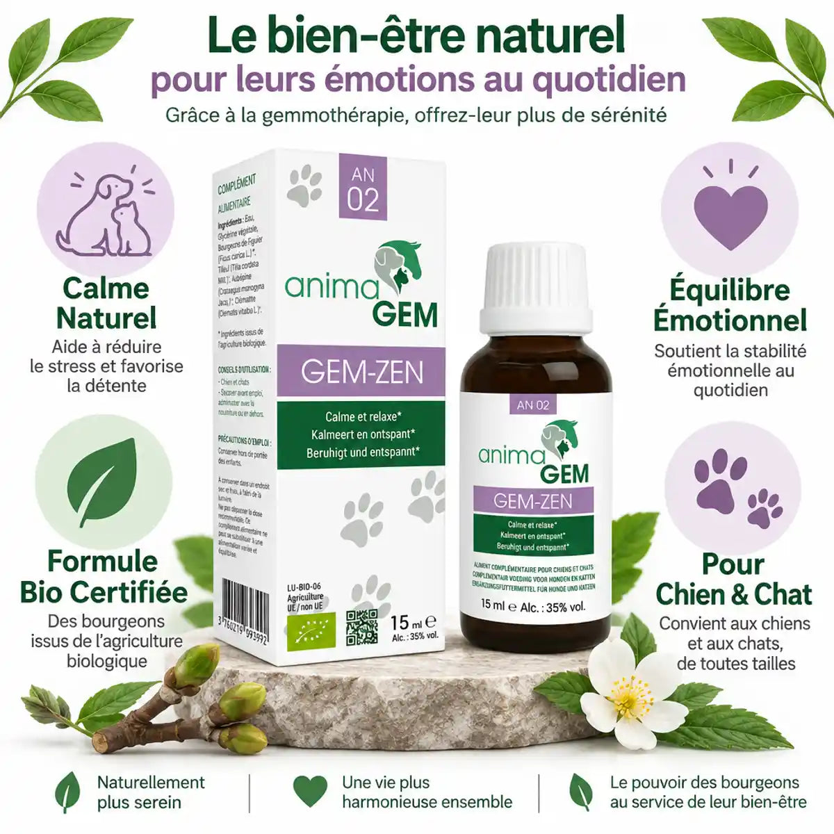 Gem-Zen 15ml AnimaGEM flacon avec bénéfices : calme naturel, équilibre émotionnel, formule bio pour chien et chat