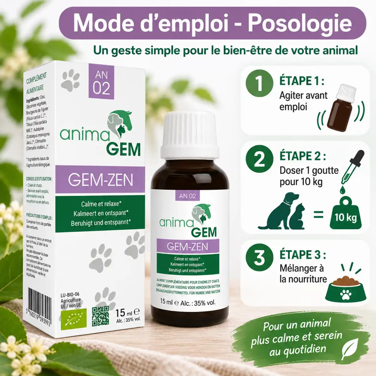 Gem-Zen 15ml AnimaGEM flacon avec mode d'emploi et posologie en 3 étapes pour animaux