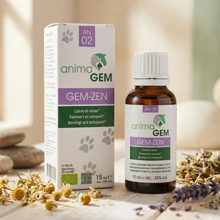 Gem-Zen 15ml ANIMAGEM flacon bien-être pour animaux sur surface bois avec herbes
