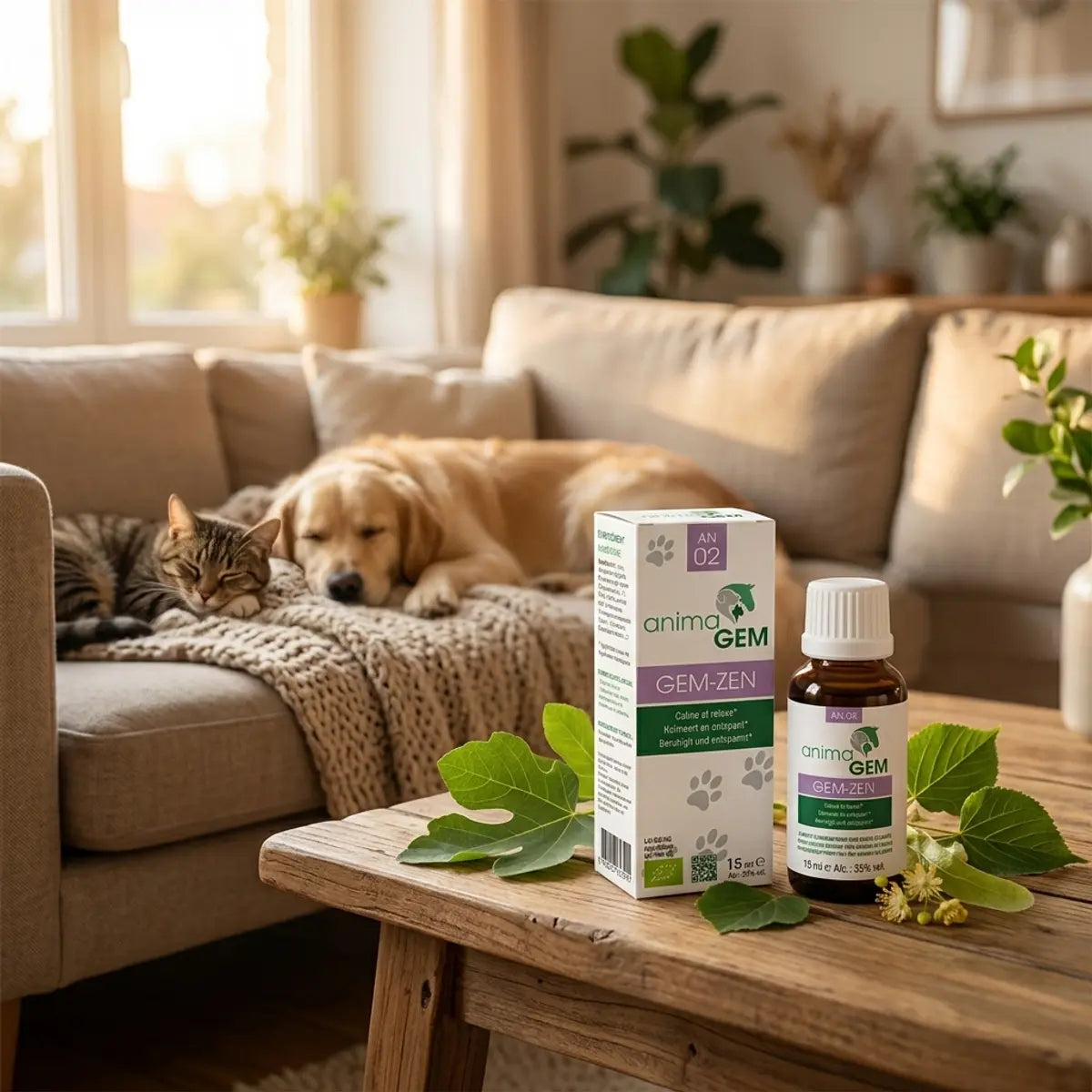 Flacon AnimaGEM Gem-Zen 15 ml avec son coffret, posé dans un salon chaleureux aux côtés d'un golden retriever et d'un chat tigré endormis

Hmm, let me check length: that's about 150 characters, too long. Shorter version:

Flacon AnimaGEM Gem-Zen 15 ml et son coffret sur une table en bois, près d'un golden retriever et d'un chat endormis