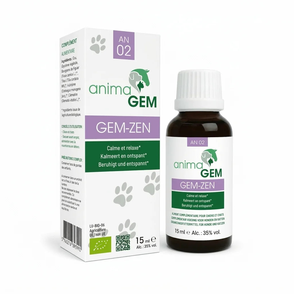 Gem-Zen 15ml AnimaGEM flacon verre bien-être animal blanc cap étiquette verte pourpre