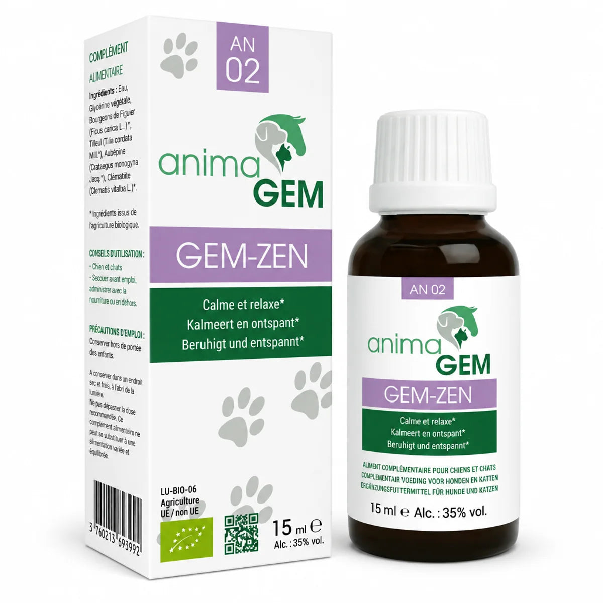Gem-Zen AnimaGEM 15ml, flacon pipette en verre ambré avec emballage blanc et étiquette violette