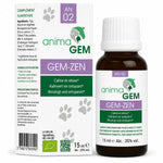 Gem-Zen 15 ml AnimaGEM : boîte blanche et flacon ambré de complément alimentaire calme et relaxe pour animaux