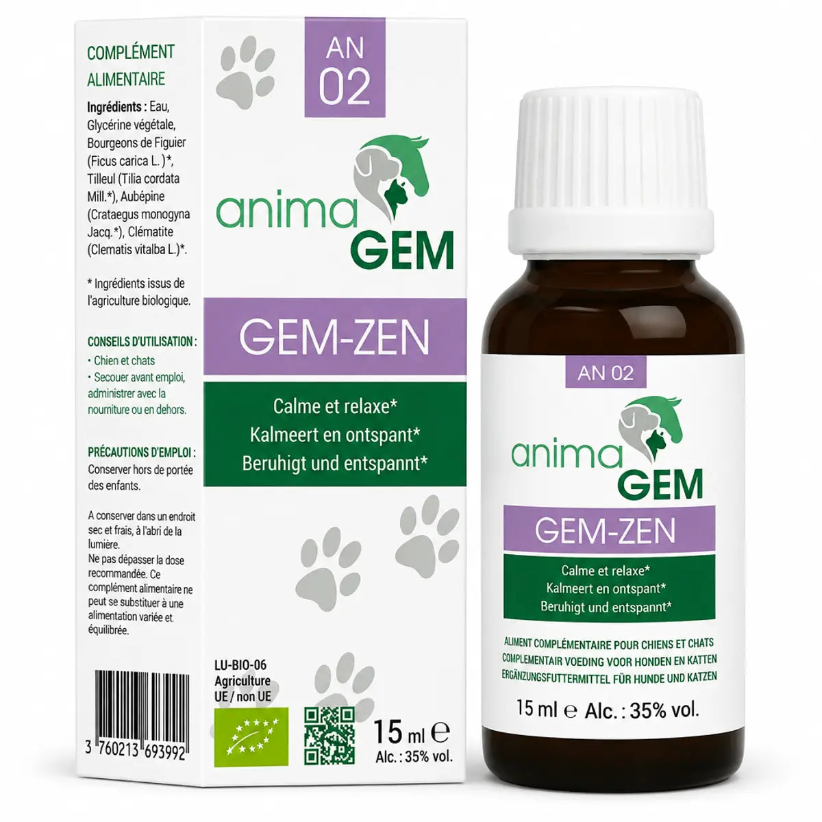 Gem-Zen 15 ml AnimaGEM : boîte blanche et flacon ambré de complément alimentaire calme et relaxe pour animaux