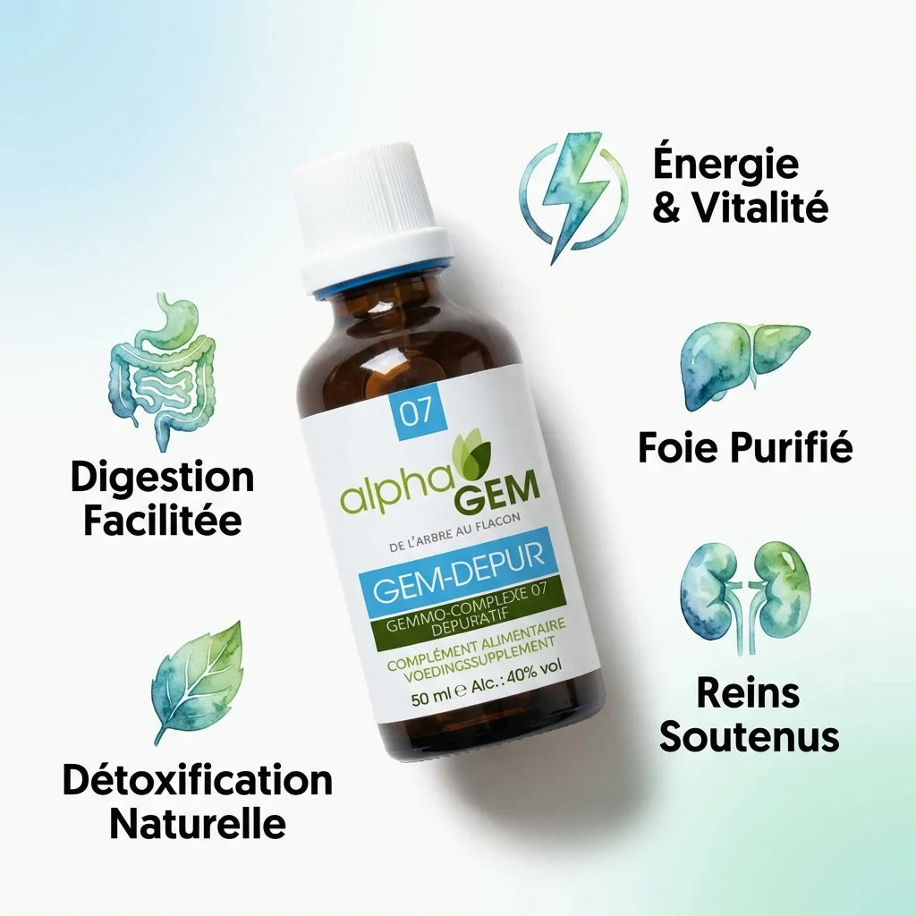 Gemmo-complexe Dépuratif Bio GEM-DEPUR 50ml avec ses 5 bénéfices: énergie, foie, reins, digestion et détoxification