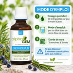 Flacon Gemmo-complexe dépuratif bio GEM-DEPUR Alphagem 50 ml et mode d'emploi en infographie, complément alimentaire