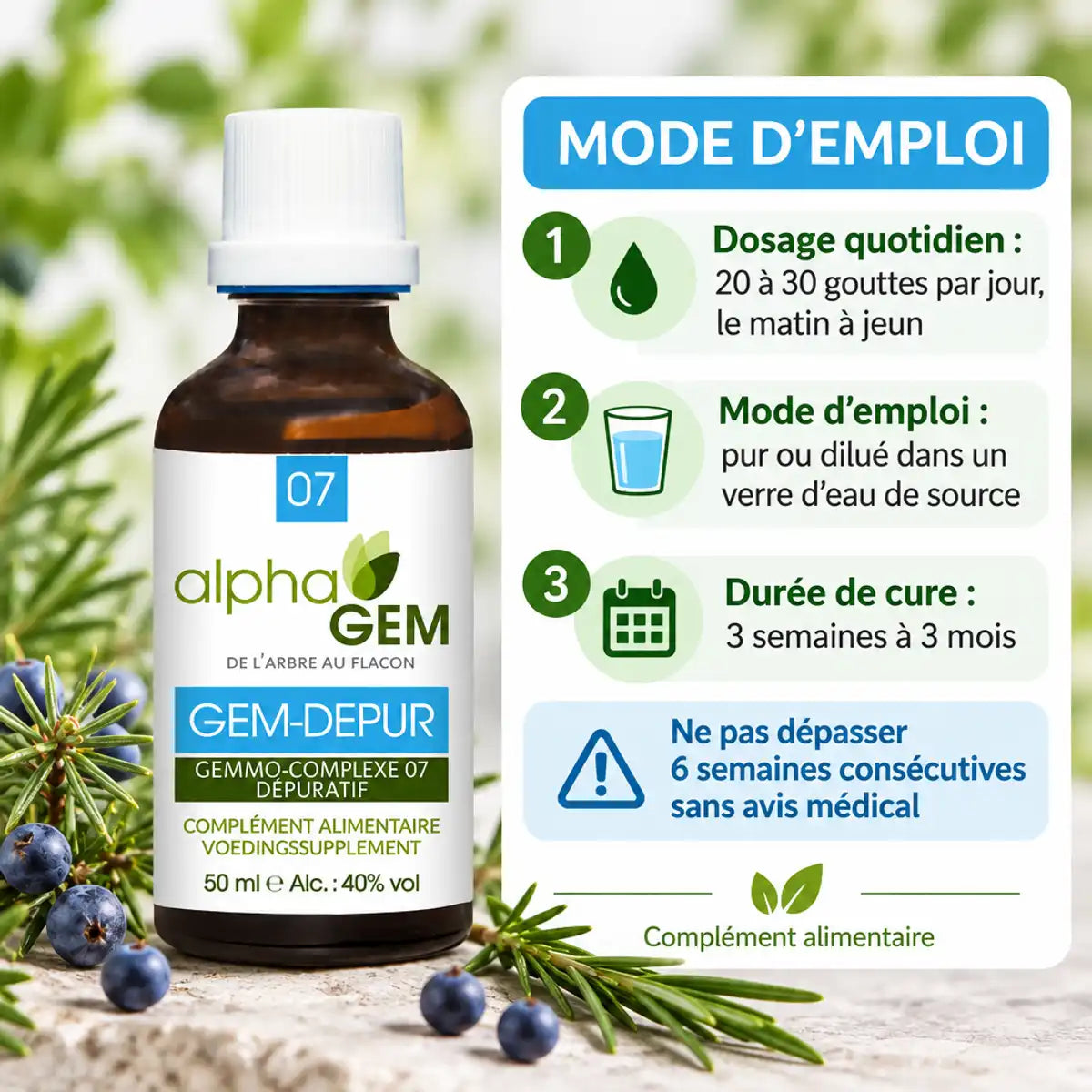 Flacon Gemmo-complexe dépuratif bio GEM-DEPUR Alphagem 50 ml et mode d'emploi en infographie, complément alimentaire