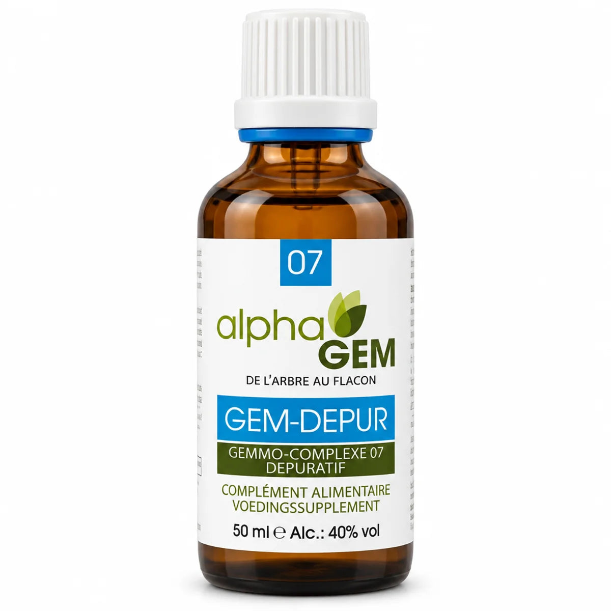 Flacon en verre ambré avec pipette et étiquette alphaGEM "GEM-DEPUR" 07 Gemmo-complexe dépuratif bio, 50 ml