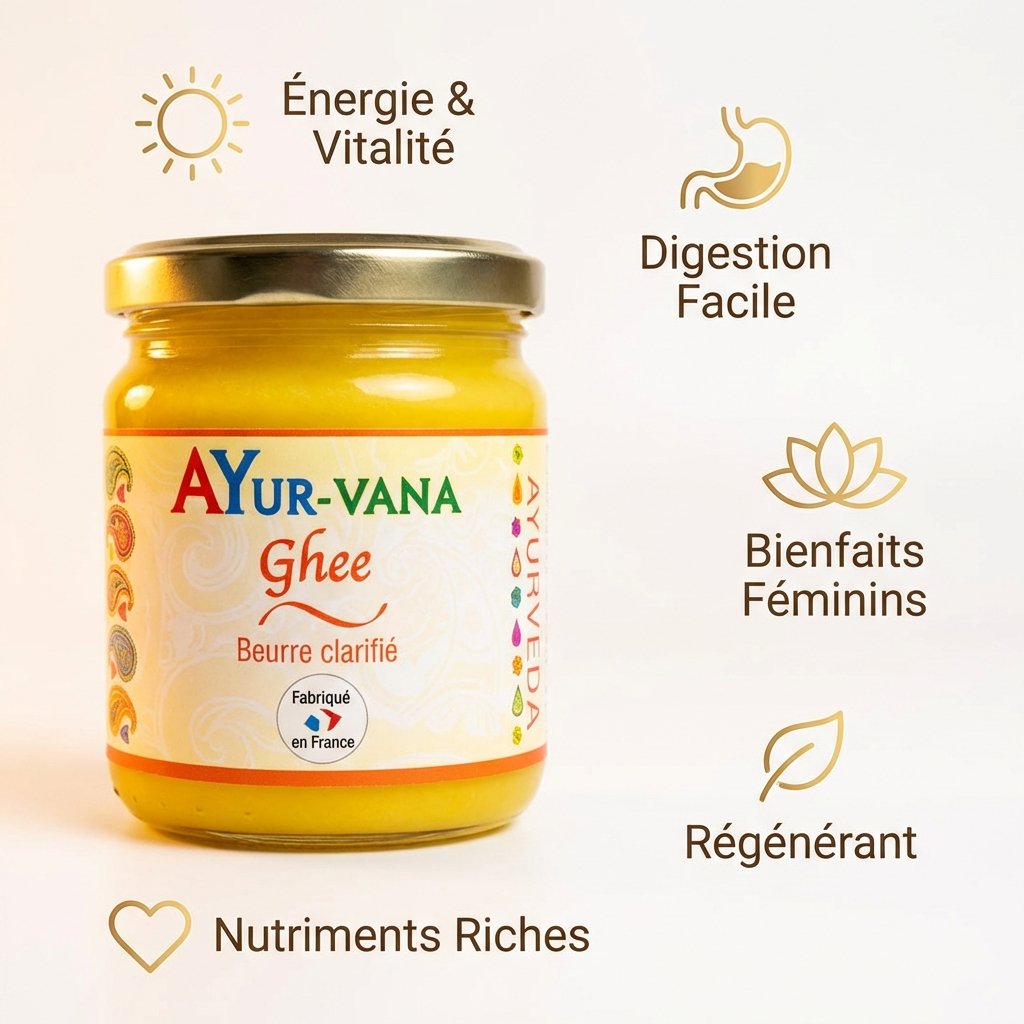 Ghee bio Ayur-Vana 150g avec icônes bénéfices : énergie, digestion, vitalité et nutriments