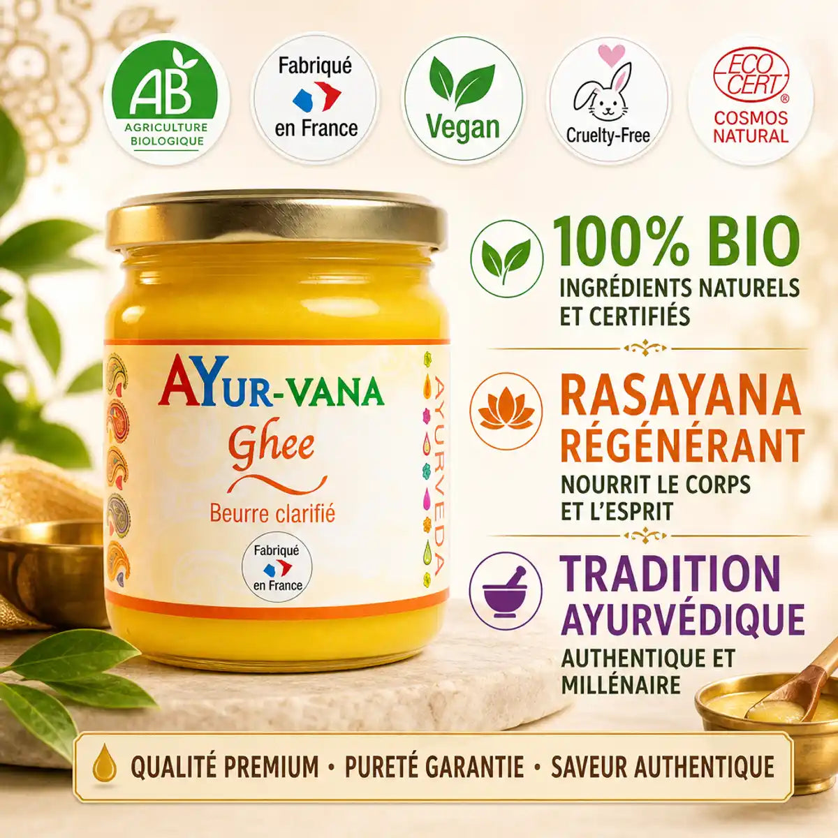 Pot de Ghee beurre clarifié bio Ayur-Vana 150g avec certifications AB et Made in France