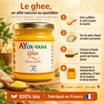 Ghee Ayur-Vana 150 g, beurre clarifié bio fabriqué en France, avec guide en 4 étapes d'utilisation sur fond crème doré