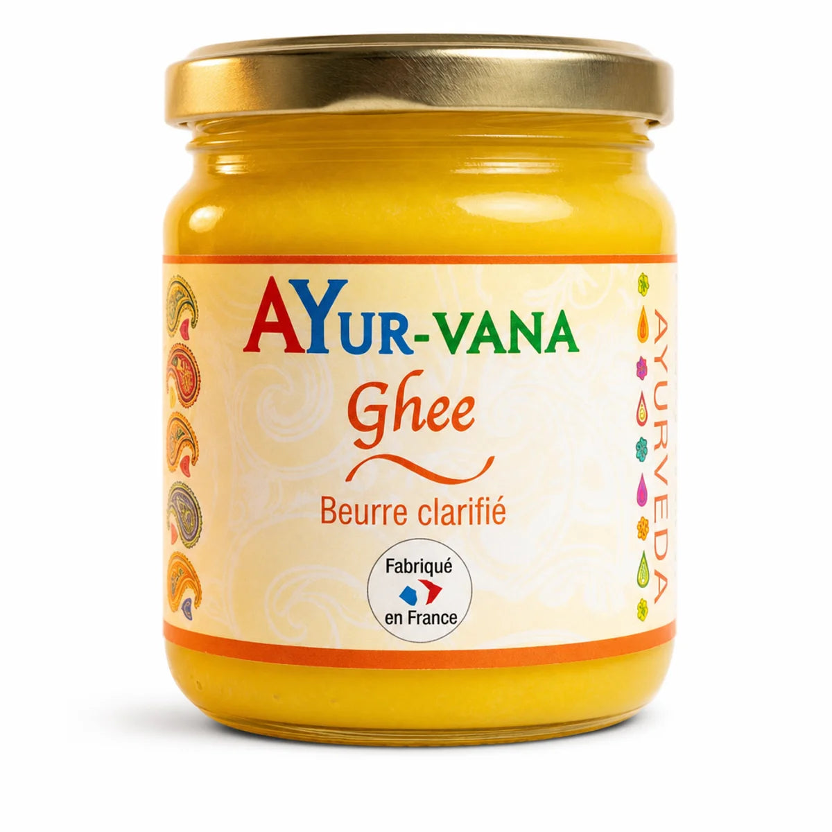 Ghee beurre clarifié bio Ayur-Vana 150g en pot verre doré, fabriqué en France