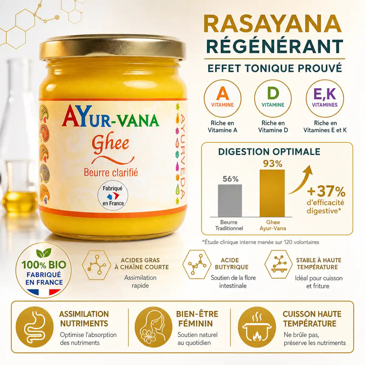 Ghee bio Ayur-Vana 150g - beurre clarifié avec infographie nutritionnelle et bénéfices santé