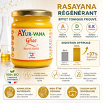 Ghee bio Ayur-Vana 150g - beurre clarifié avec infographie nutritionnelle et bénéfices santé