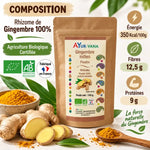 Poudre gingembre indien bio Ayur-vana 150g avec racines fraîches et composition nutritionnelle certifiée