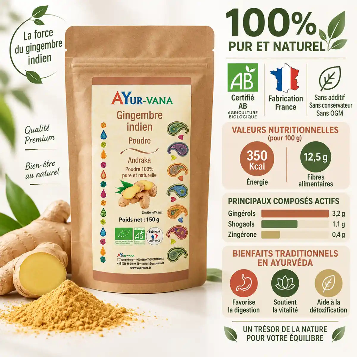 Poudre gingembre indien bio Ayur-vana 150g certifiée AB, fabrication France, bénéfices ayurvédiques