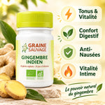 Gingembre indien bio en gélules avec bénéfices : tonus, confort digestif, anti-nausées, vitalité