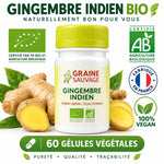 Gingembre indien bio en gélules végétales avec certifications AB, fabriqué en France, 60 gélules vegan