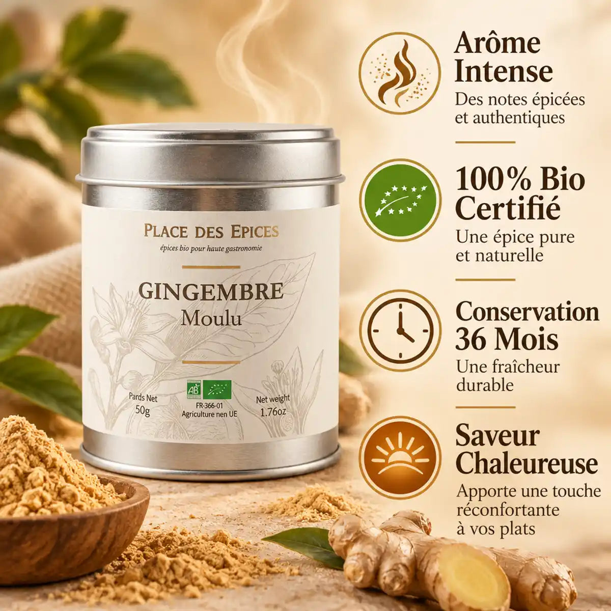 Gingembre moulu bio 50g Place des épices avec infographie bénéfices et packaging