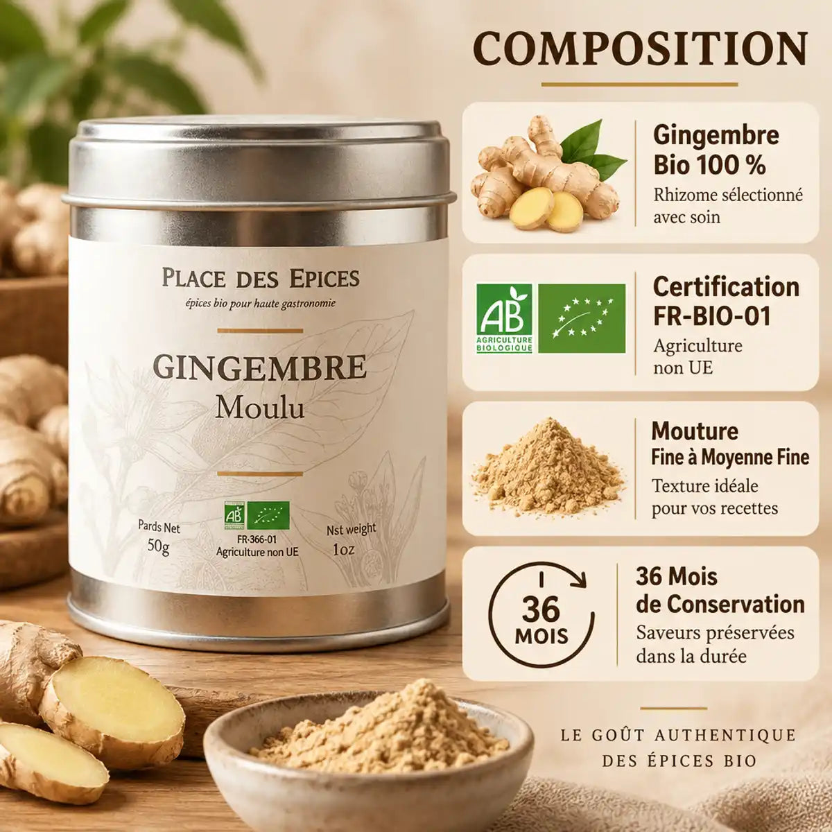 Gingembre moulu bio 50g Place des épices - emballage tin avec infographie composition et conservation