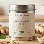 Gingembre moulu bio 50g Place des épices avec racines et accessoires culinaires