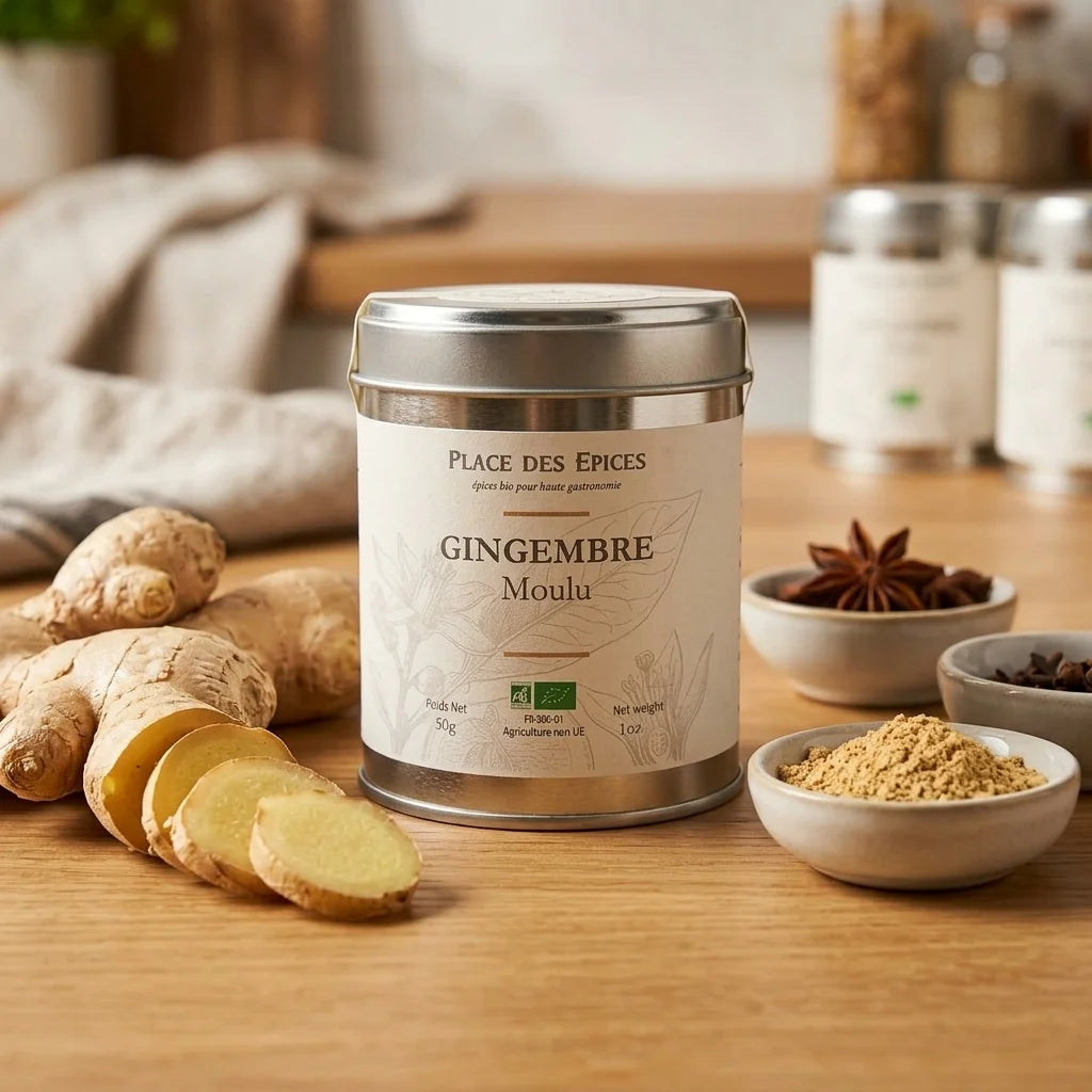 Gingembre moulu bio 50g Place des épices avec racines fraîches et épices