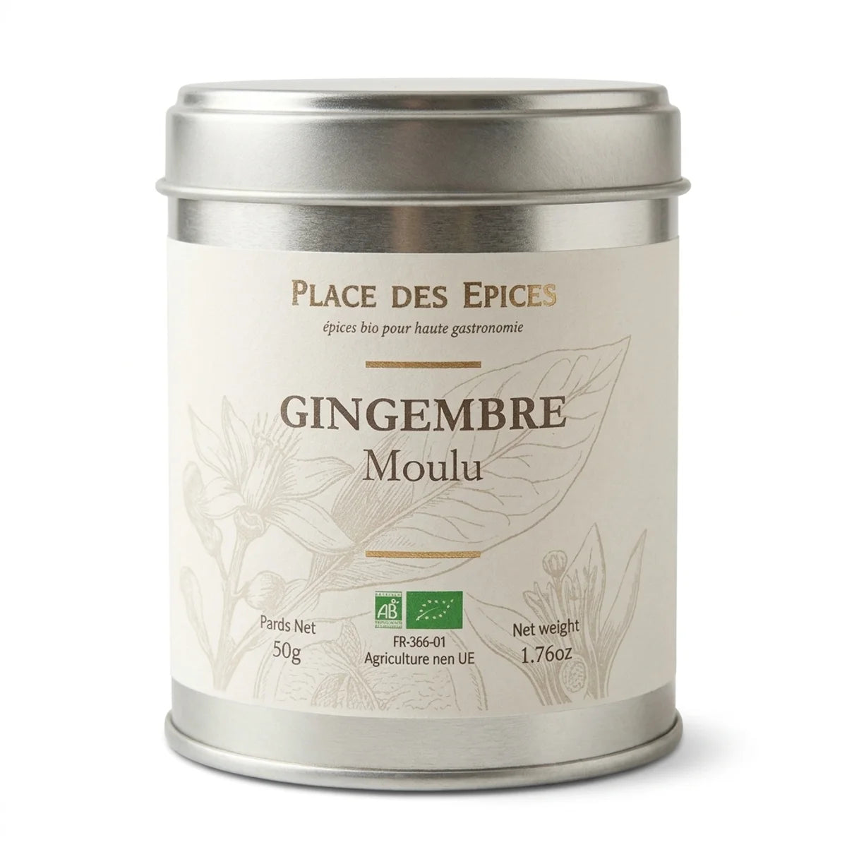 Gingembre Moulu Bio 50g Place des Épices - Boîte métal avec étiquette botanique