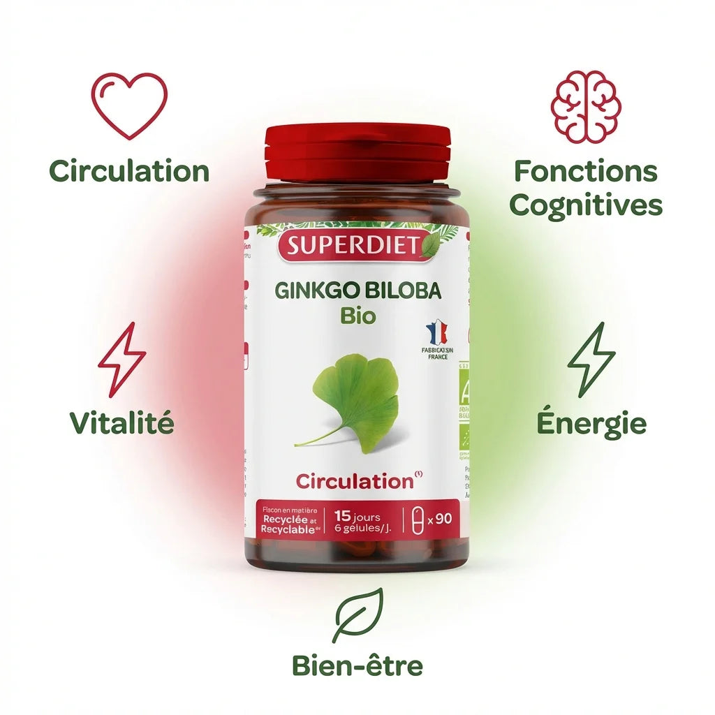 Superdiet Ginkgo Biloba 90 gélules bio avec bénéfices circulation, cognition, vitalité et bien-être