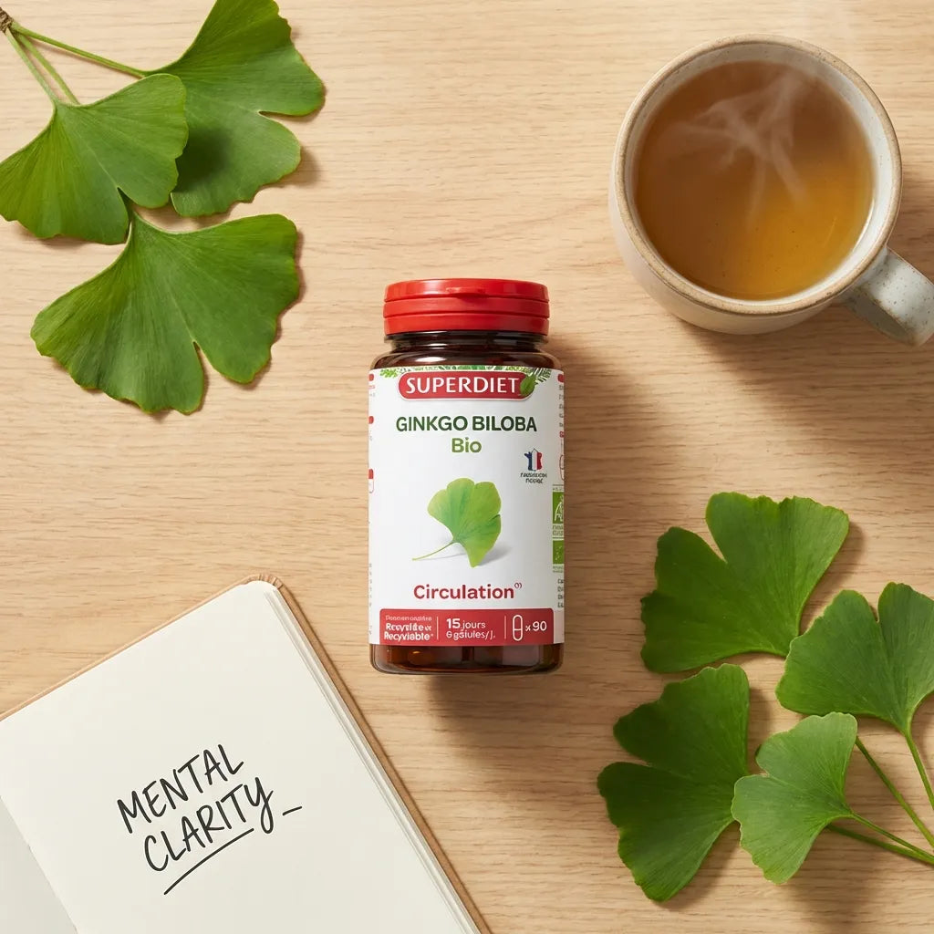 Ginkgo Bio 90 gélules Superdiet avec feuilles fraîches et tisane sur bureau wellness