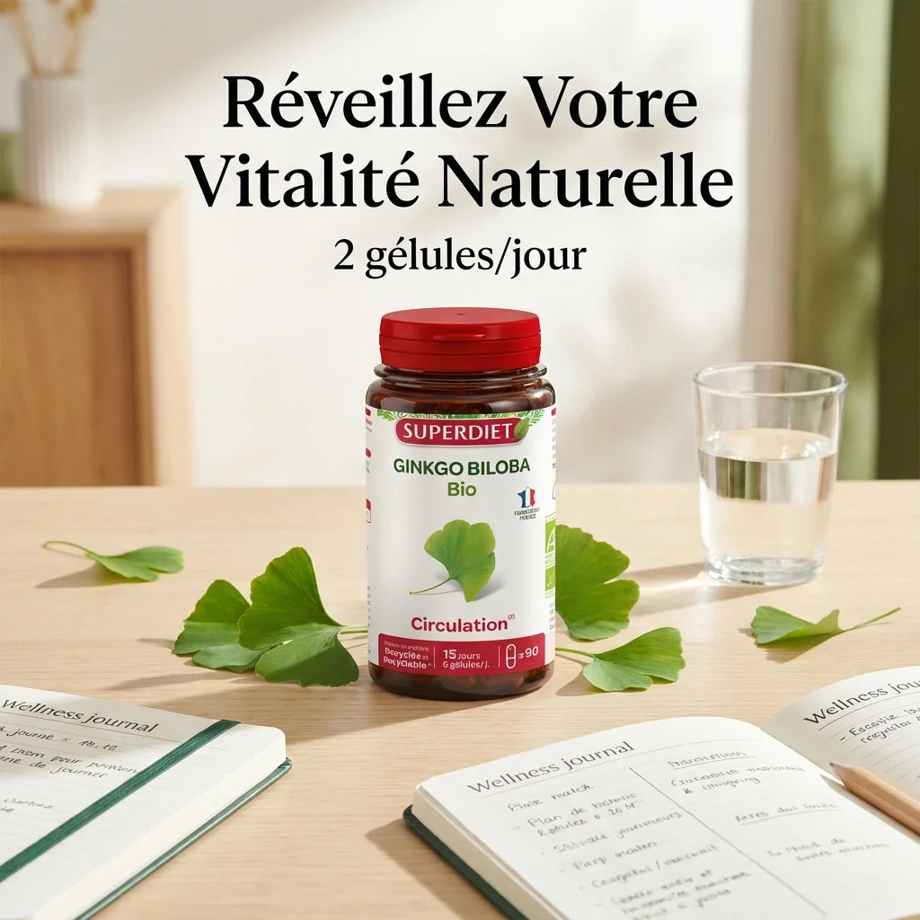 Superdiet Ginkgo Bio 90 gélules sur un bureau avec feuilles de ginkgo et verre d'eau