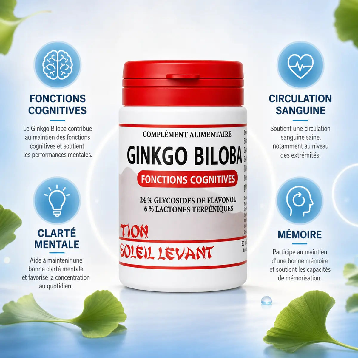 Ginkgo Biloba 60 gélules - Bouteille avec bénéfices cognitifs, circulation et mémoire